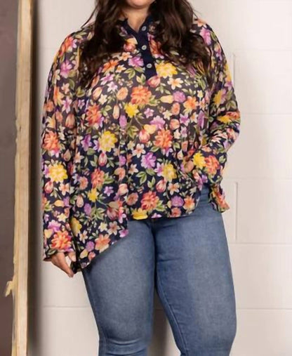 Mandarin Collar Floral Print Plus Size Top