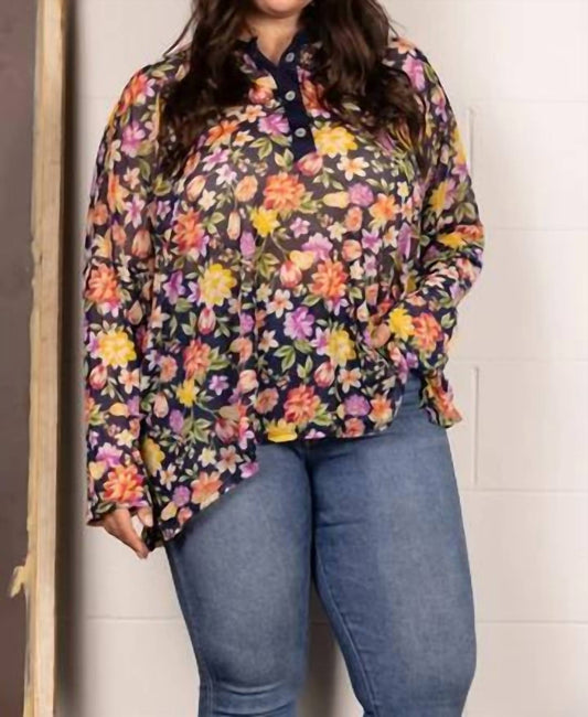 Mandarin Collar Floral Print Plus Size Top