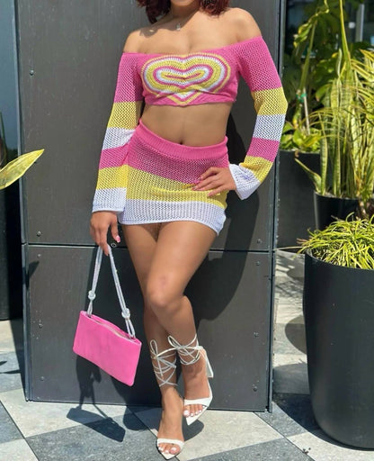 Heartbreaker Block Knit Off Shoulder Long Sleeve Matching Mini Skirt Set
