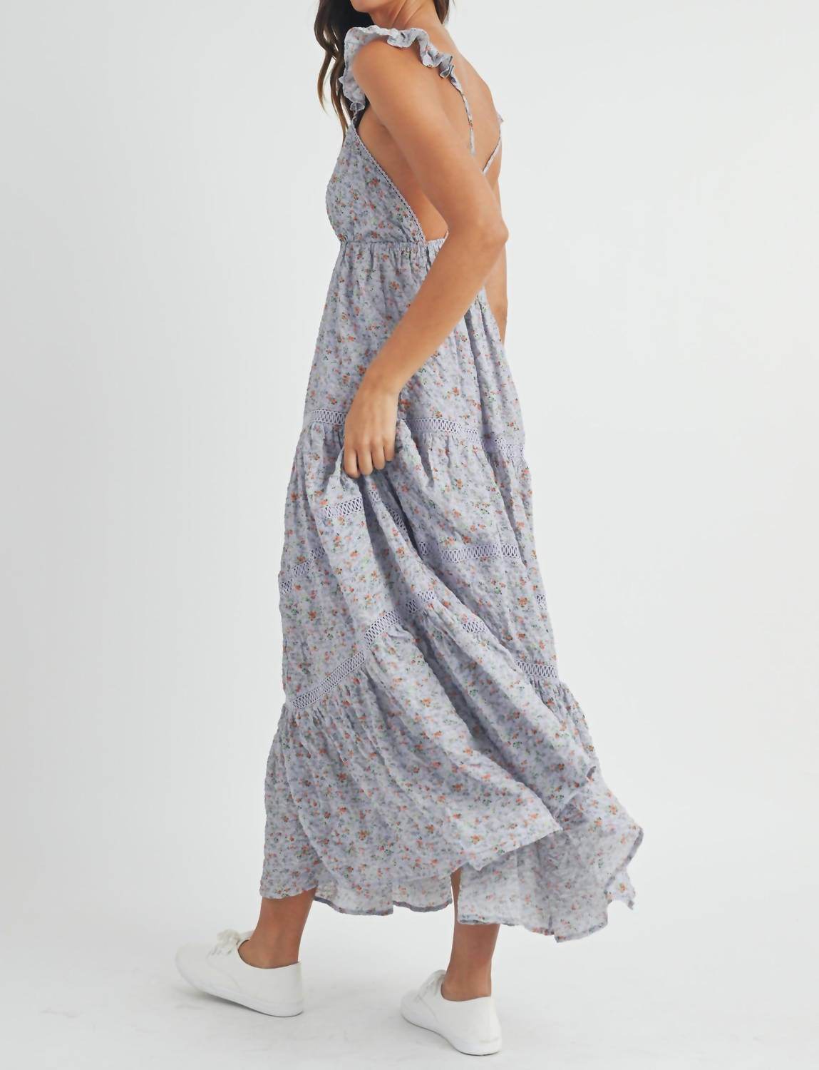 Camellia - Floral Print Lace Trimmed Tiered Maxi Dress - Rack Hunt -