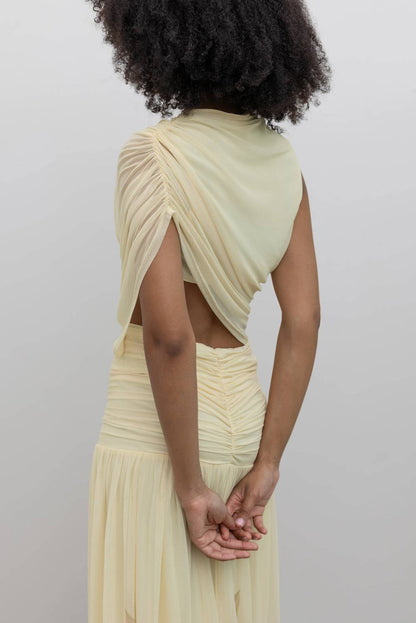 Lemon Floral Hem Draped Maxi Dress