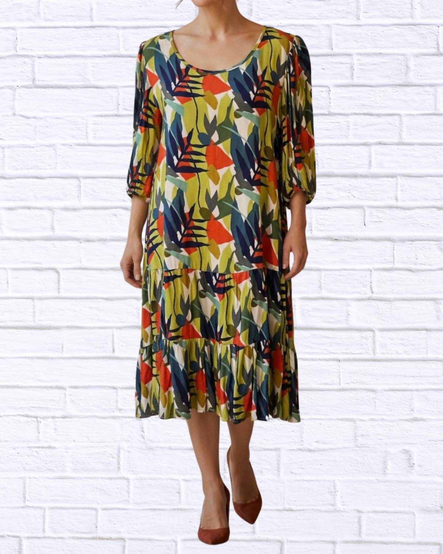 Calypso - Abstract Leaf Print Woven Midi Dress - Rack Hunt -