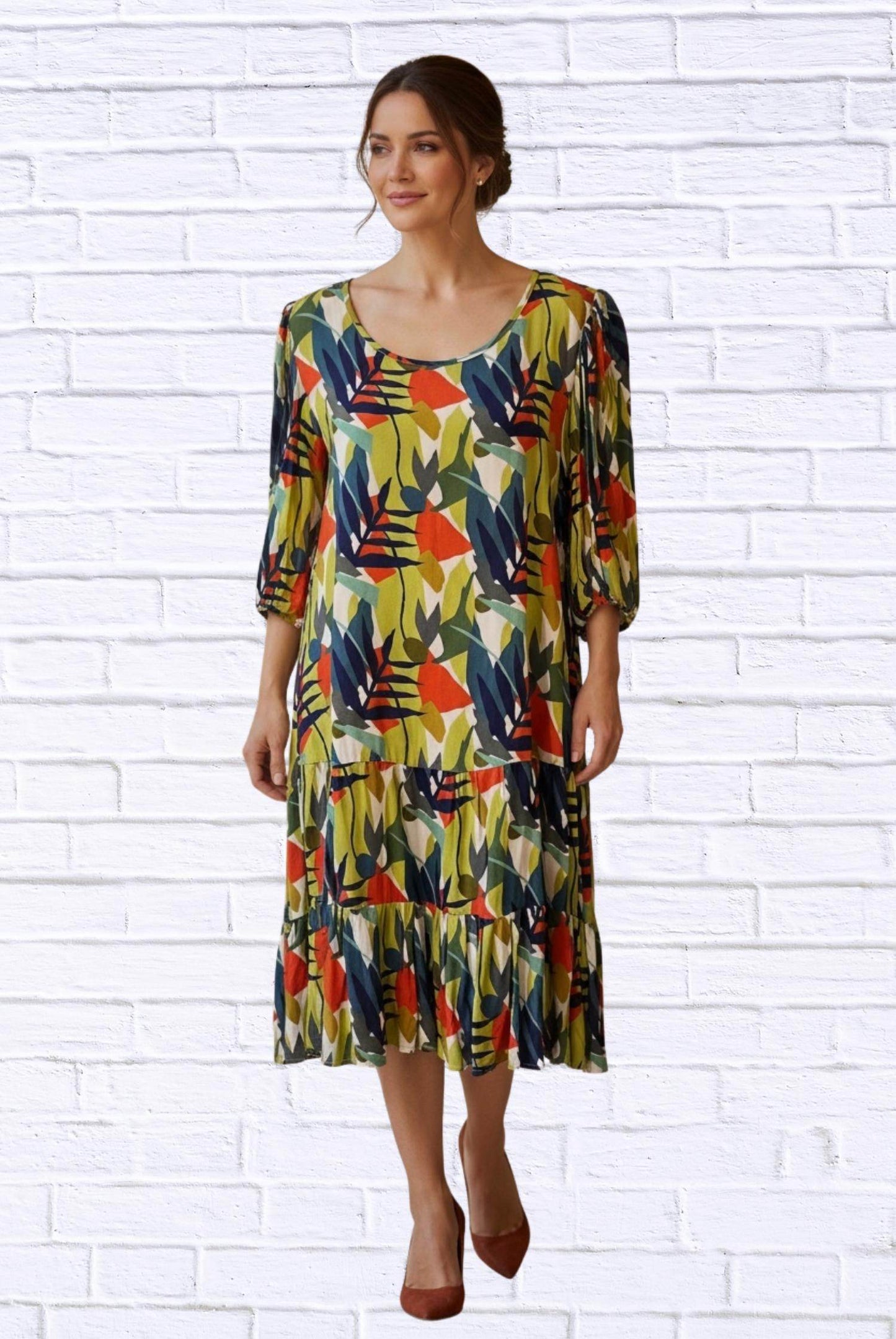 Calypso - Abstract Leaf Print Woven Midi Dress - Rack Hunt -