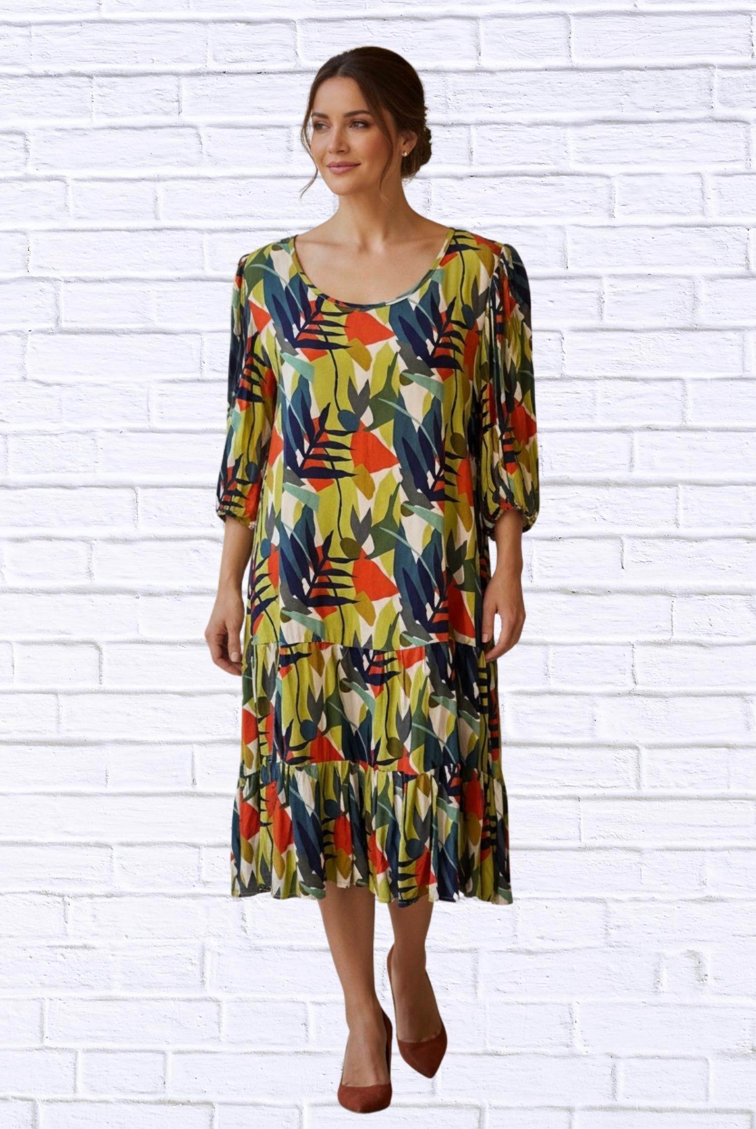 Calypso - Abstract Leaf Print Woven Midi Dress - Rack Hunt -