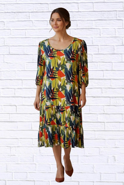 Calypso - Abstract Leaf Print Woven Midi Dress - Rack Hunt