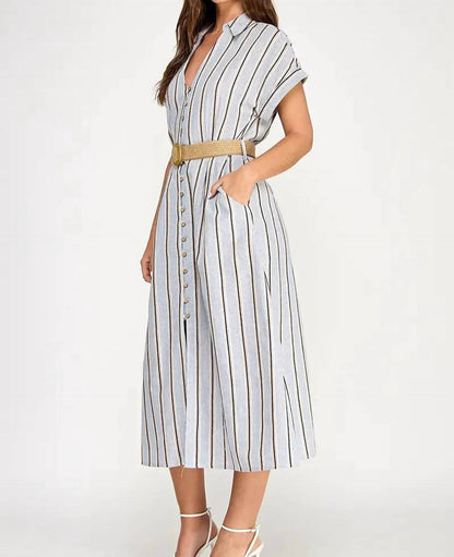 Button Down Belted Midi Dress