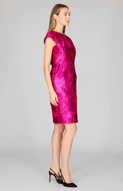 Tonal Floral Jacquard Cap Sleeve Fitted Dress