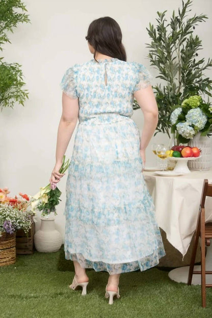 Floral Tulle Pattern Smocked Midi Dress - Plus