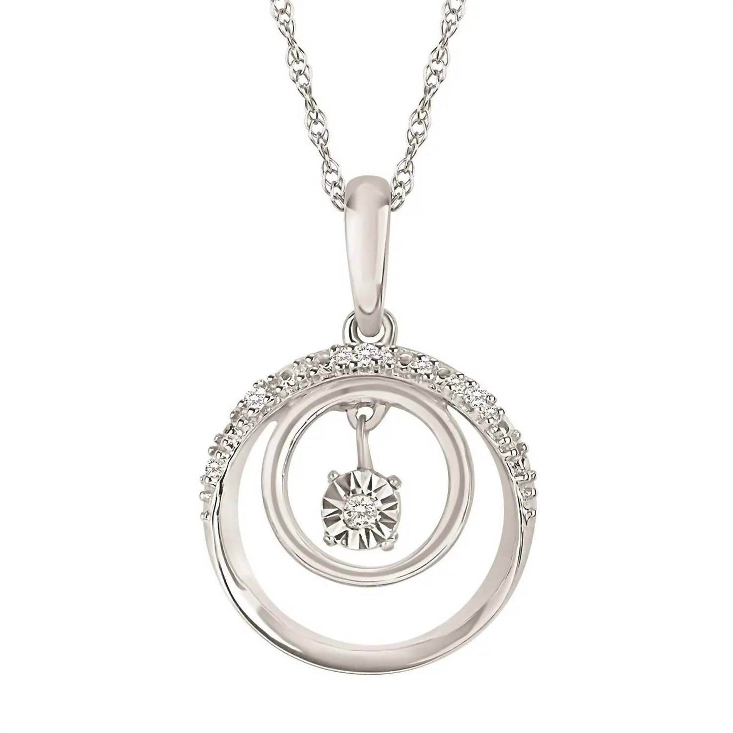 Ostbye - Shimmering Sterling Silver Double Circle Pendant Diamond Necklace - Rack Hunt -