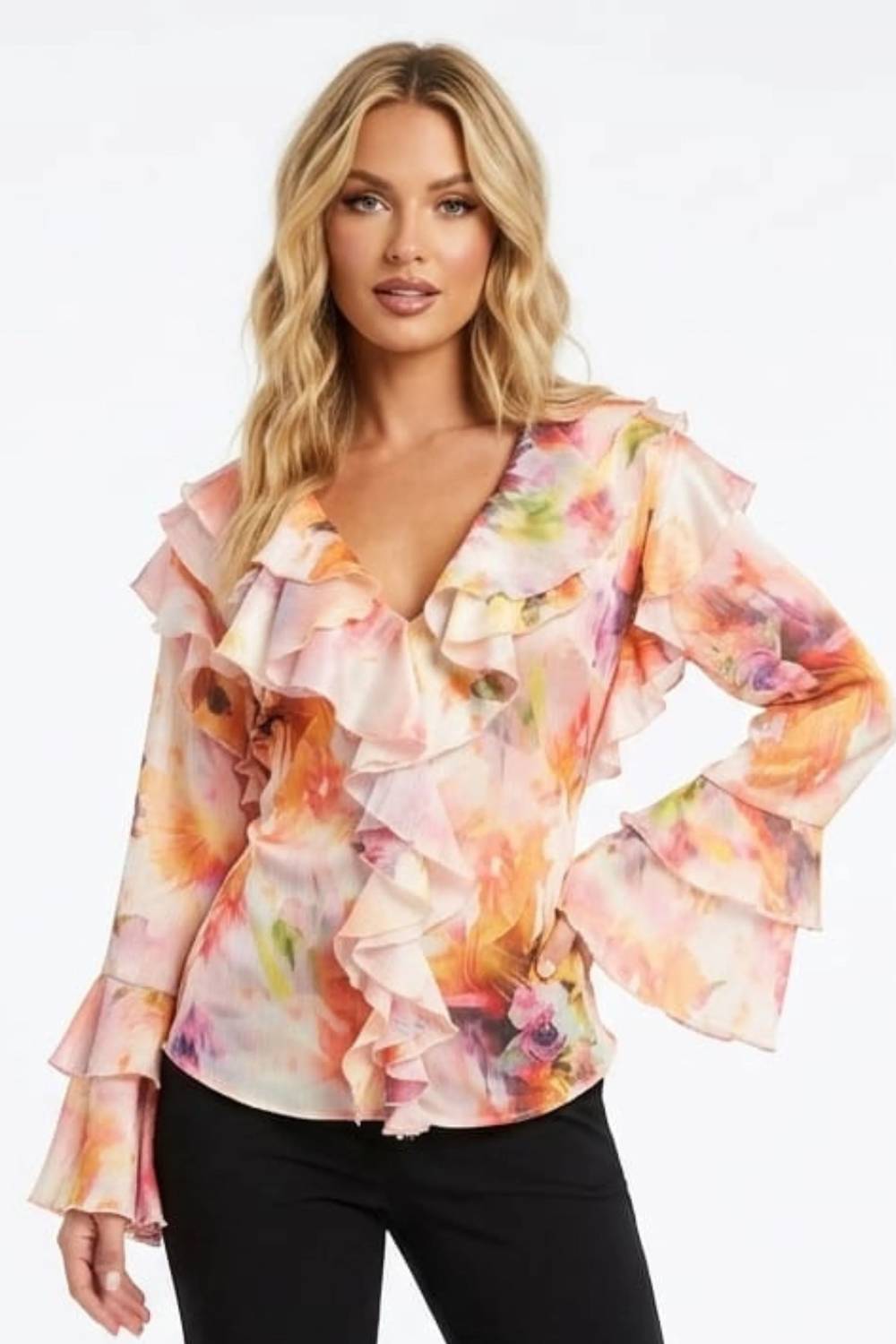 Vibrant Abstract Floral Ruffle Statement Blouse