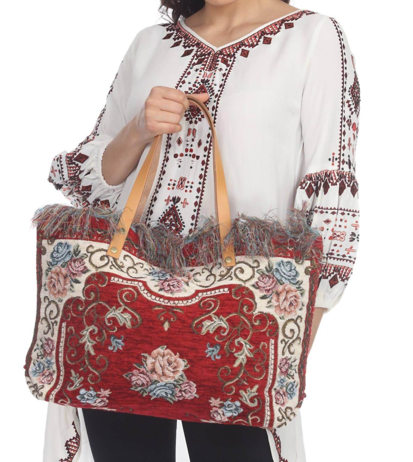 Jijou Capri - Women's Tapestry Leather Double Handle Handbag - Rack Hunt -