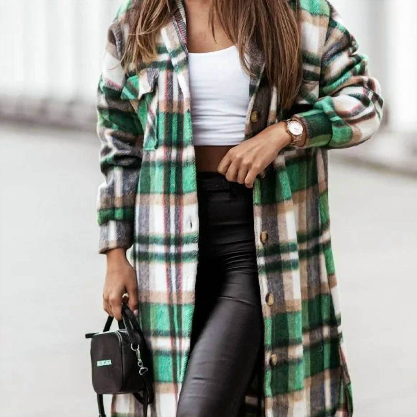 ChicMe - Green Plaid Printdrop Shoulder Button Down Longline Shacket Jacket - Rack Hunt -