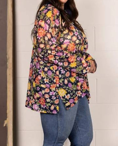 Mandarin Collar Floral Print Plus Size Top