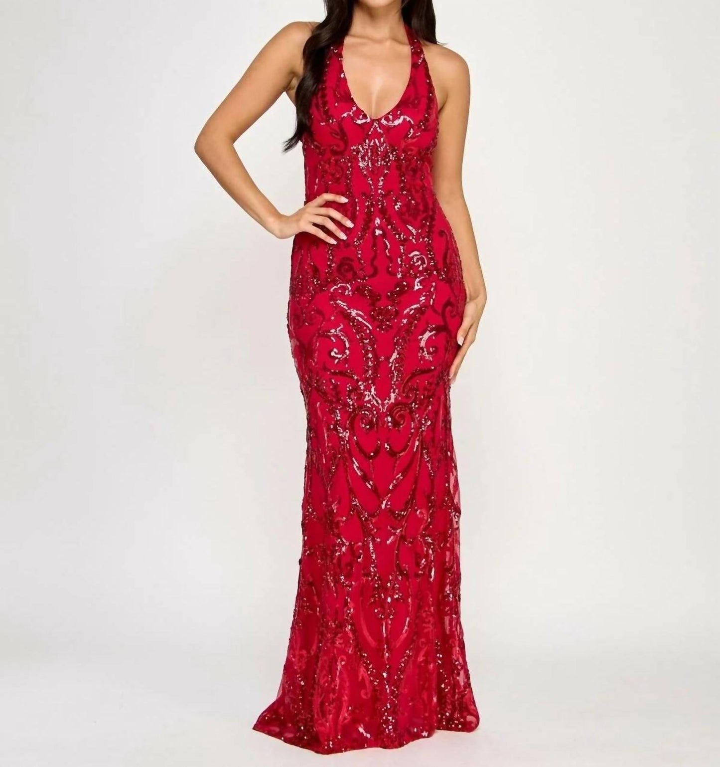 Juniors' Sequined Halter-neck Evening Gown