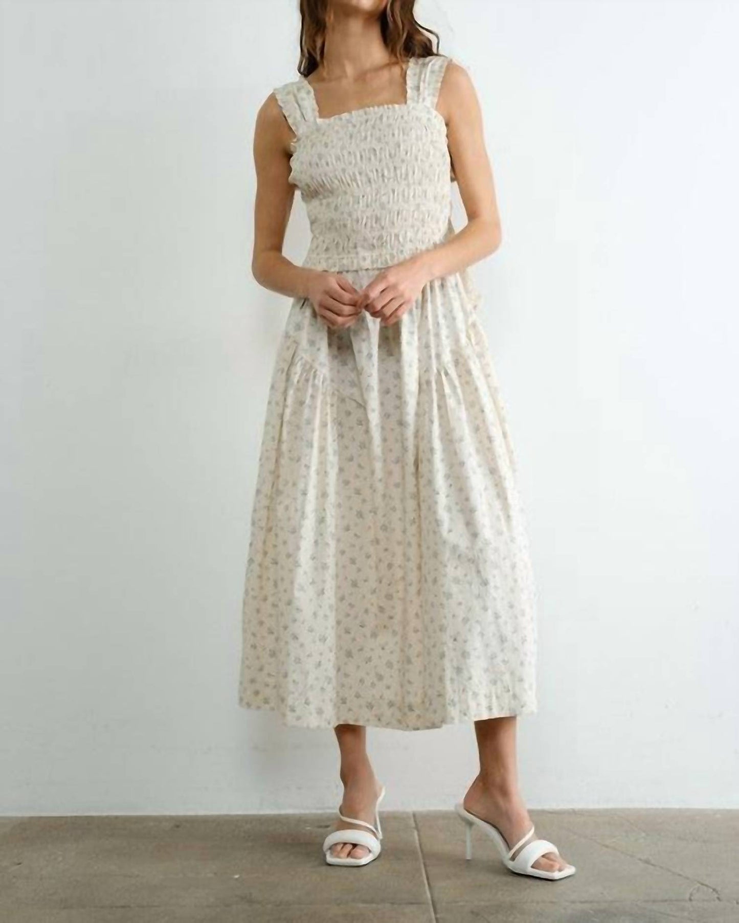 Margot Retro Bow Tie Back Smocked Midi Dress