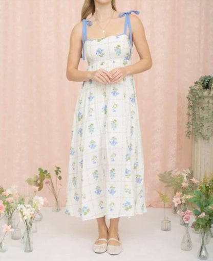 Floral Tile Pattern Scalloped Tie Strap Midi Dress