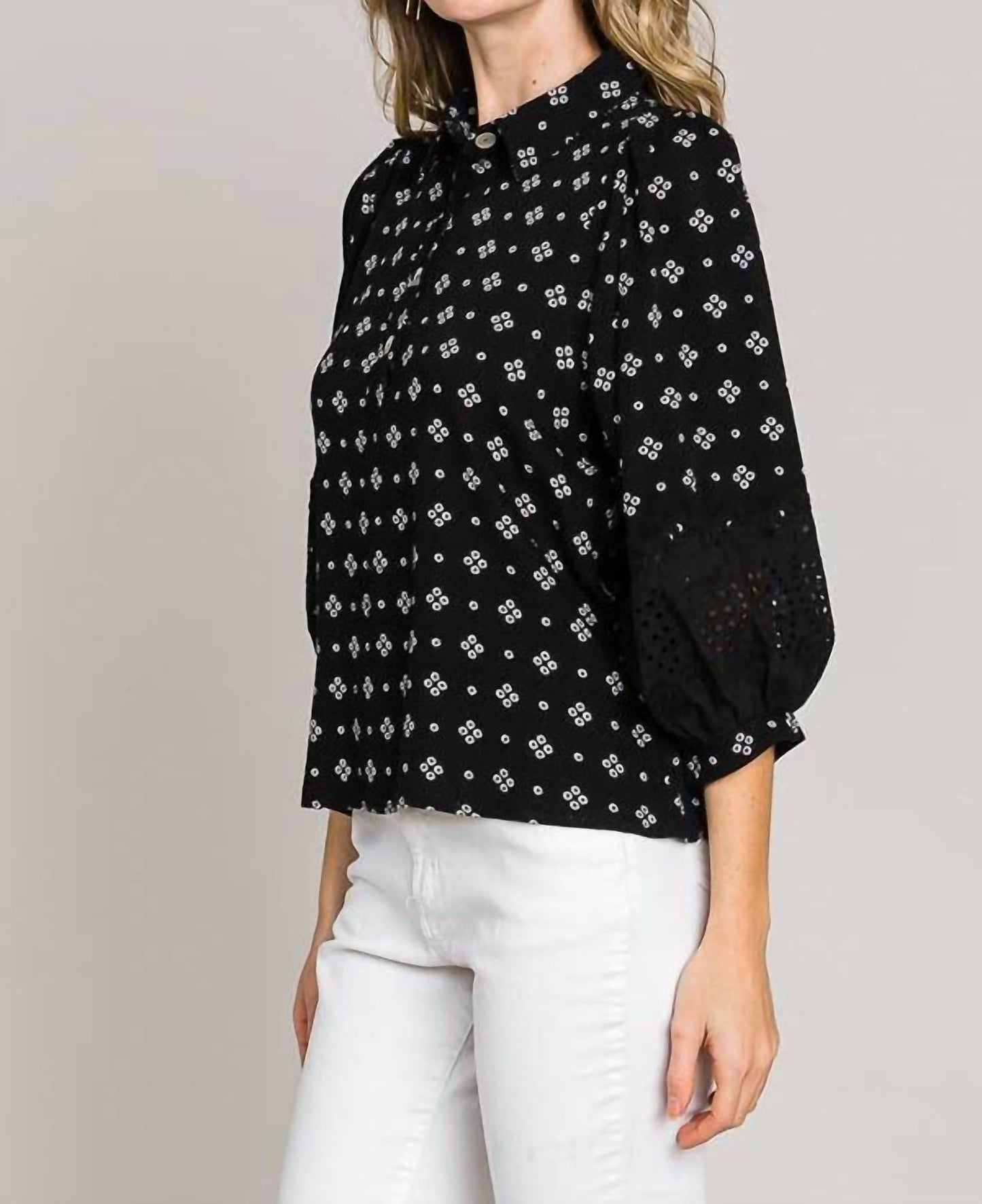 Bracelet Sleeve with Embroidered Eyelet Lace Trim Blouse