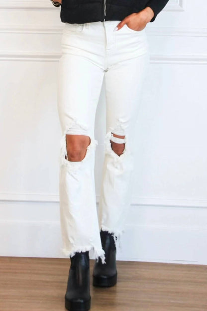 Riva Distressed High Rise Straight Leg Jeans