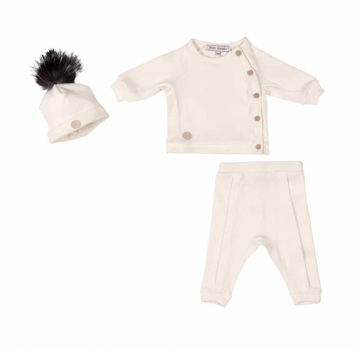 Baby Boys Three-Piece Set Ribbed Jersey Pompom Hat, Side Button Shirt & Pant