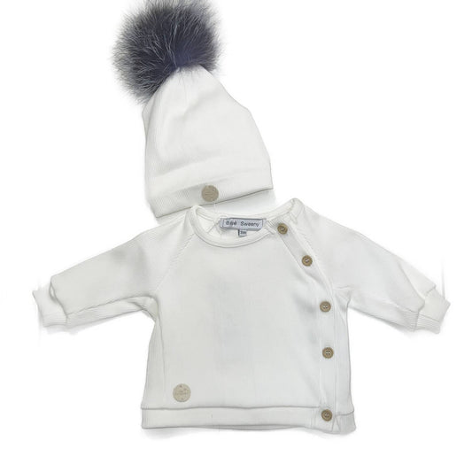 Baby Boys Three-Piece Set Ribbed Jersey Pompom Hat, Side Button Shirt & Pant