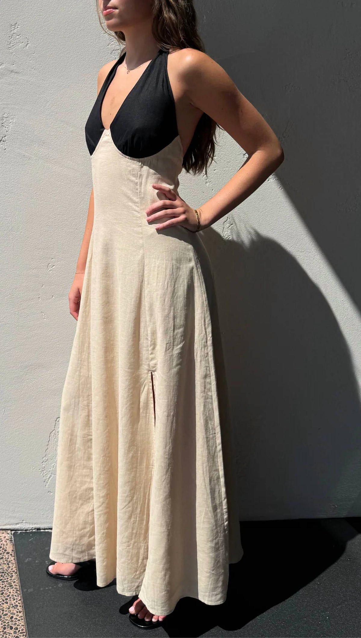 Linen Color Block Halter Dress