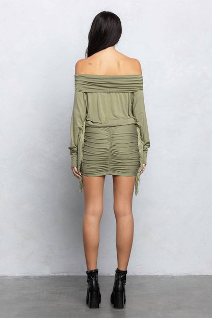 Off Shoulder Loose Fit Tassels Mini Dress