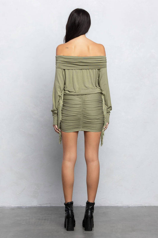 Off Shoulder Loose Fit Tassels Mini Dress