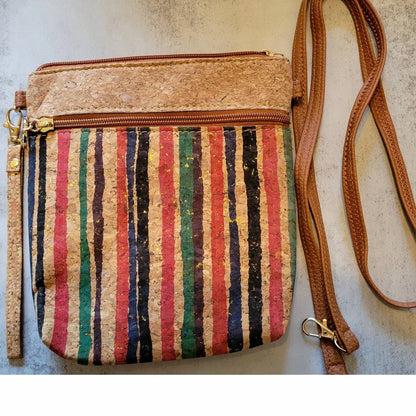 Women's Striped Print Vertical Cork Crossbody Bag