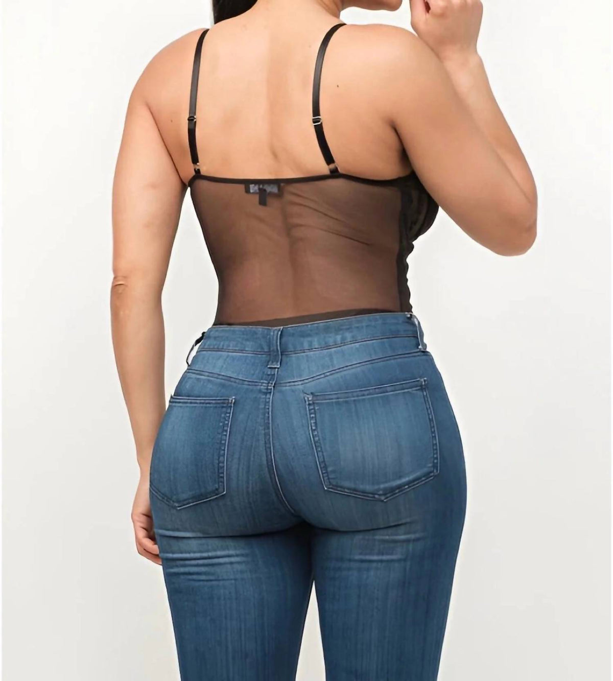What A Day Adjustable Strap Mesh Detail Fitted Leotard Bodysuit