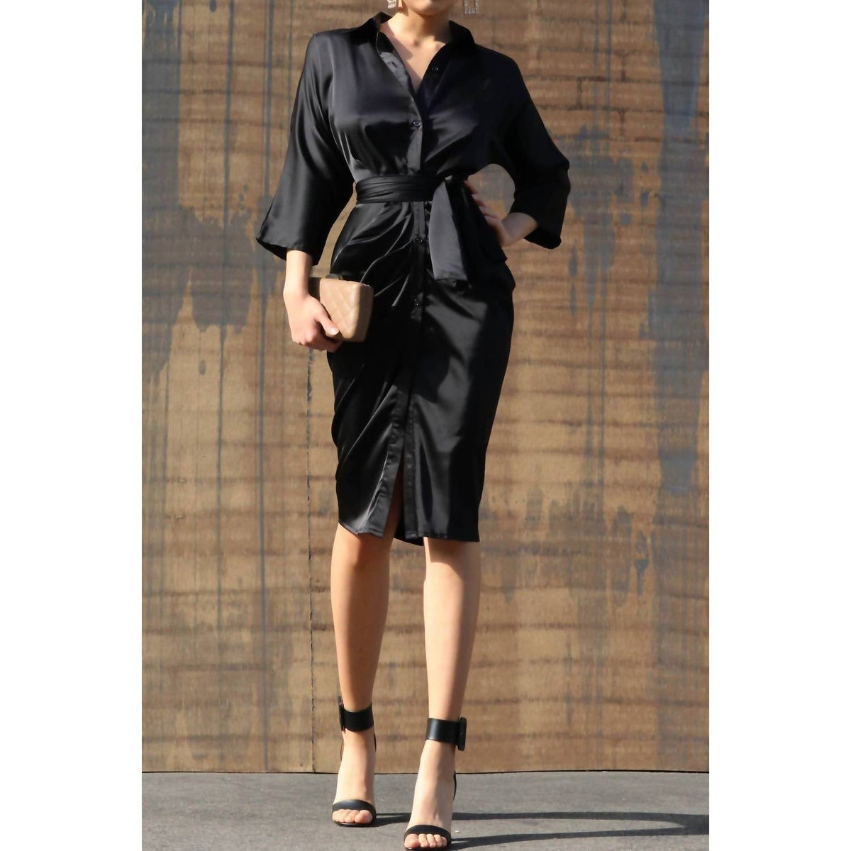 BUTTON DOWN SATIN DRESS WITH WAIST TIE DETAIL