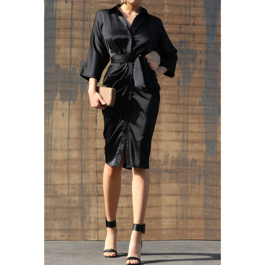 BUTTON DOWN SATIN DRESS WITH WAIST TIE DETAIL