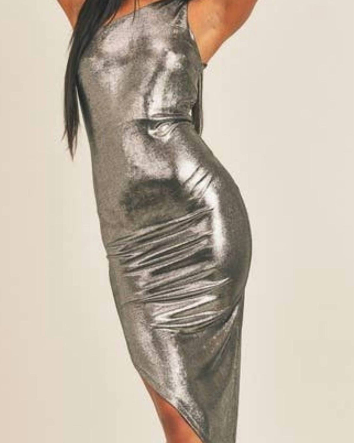 METALLIC ONE SHOULDER MIDI DRESS