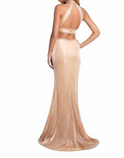 Two Piece Metallic Beaded Prom Dress