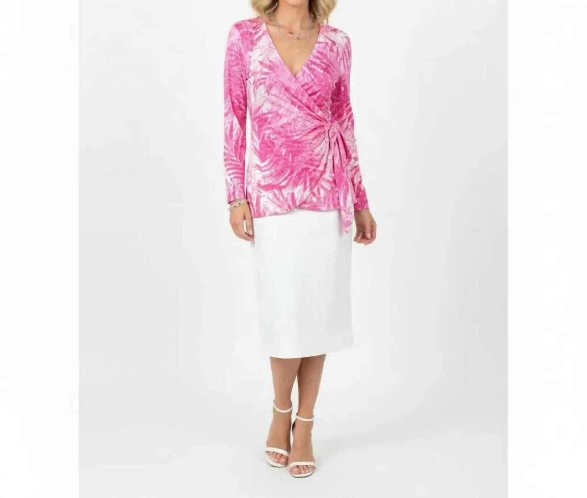 Linen Print Wrap Long Sleeve Tunic Top