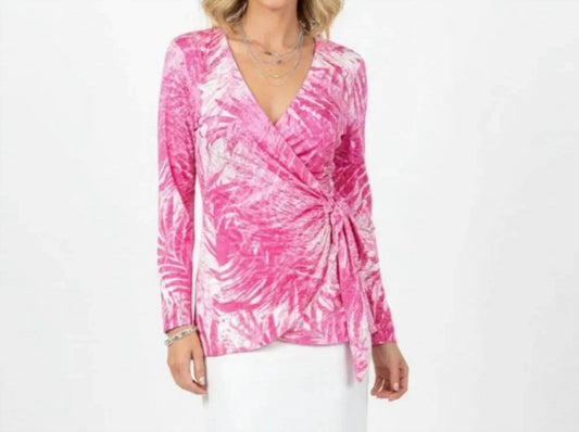 Linen Print Wrap Long Sleeve Tunic Top