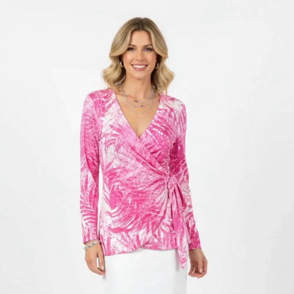 Linen Print Wrap Long Sleeve Tunic Top