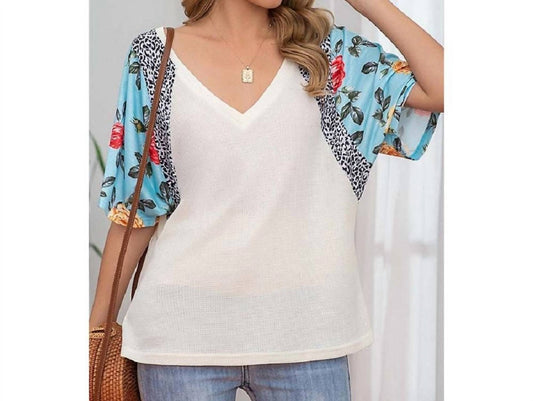Waffle Floral/leopard Sleeve Top