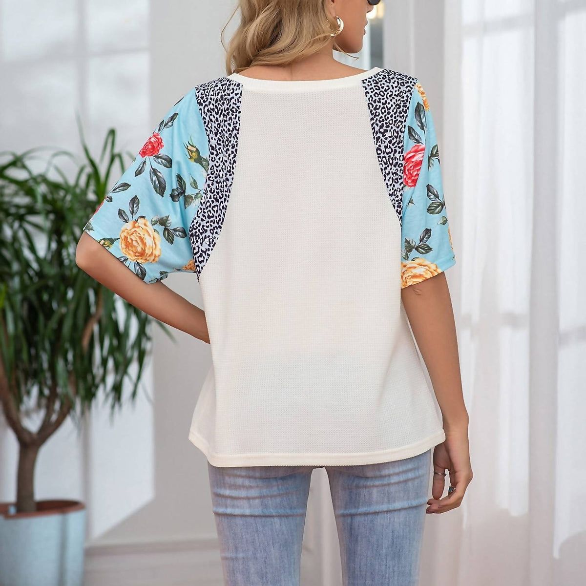 Waffle Floral/leopard Sleeve Top