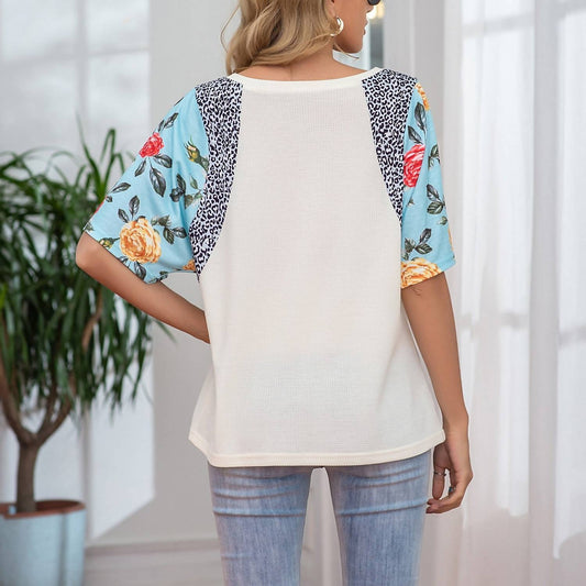 Waffle Floral/leopard Sleeve Top