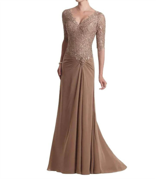 Social Occasions by Mon Cheri - Light Coffee Brocade Top Floor Length Gown - Rack Hunt -