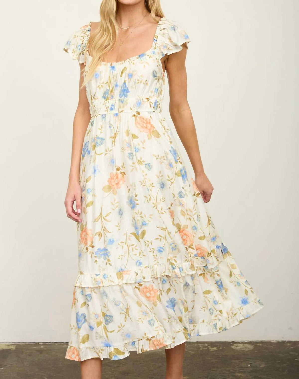 Floral Scoop Neck Ruffle Short Sleeve Midi Dress