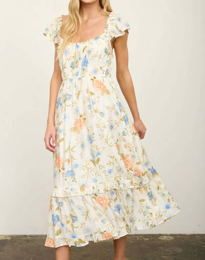 Floral Scoop Neck Ruffle Short Sleeve Midi Dress