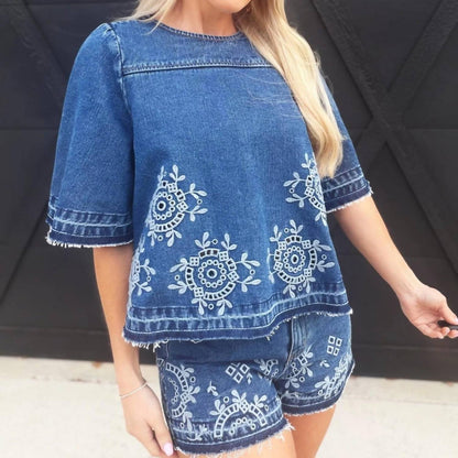 Embroidered Denim Shorts