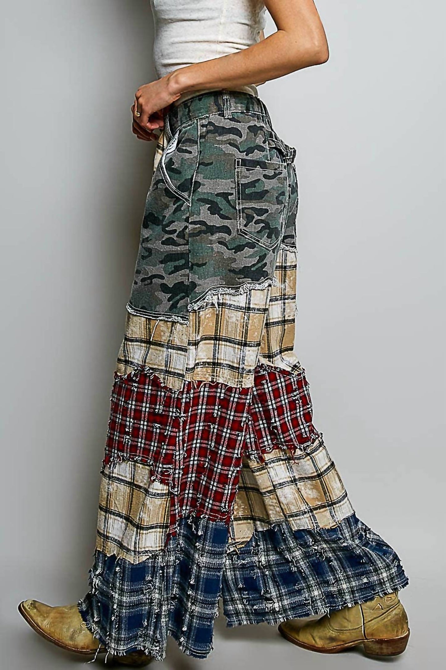 Asymmetrical Patchwork Buckle Back Detail Woven Pants