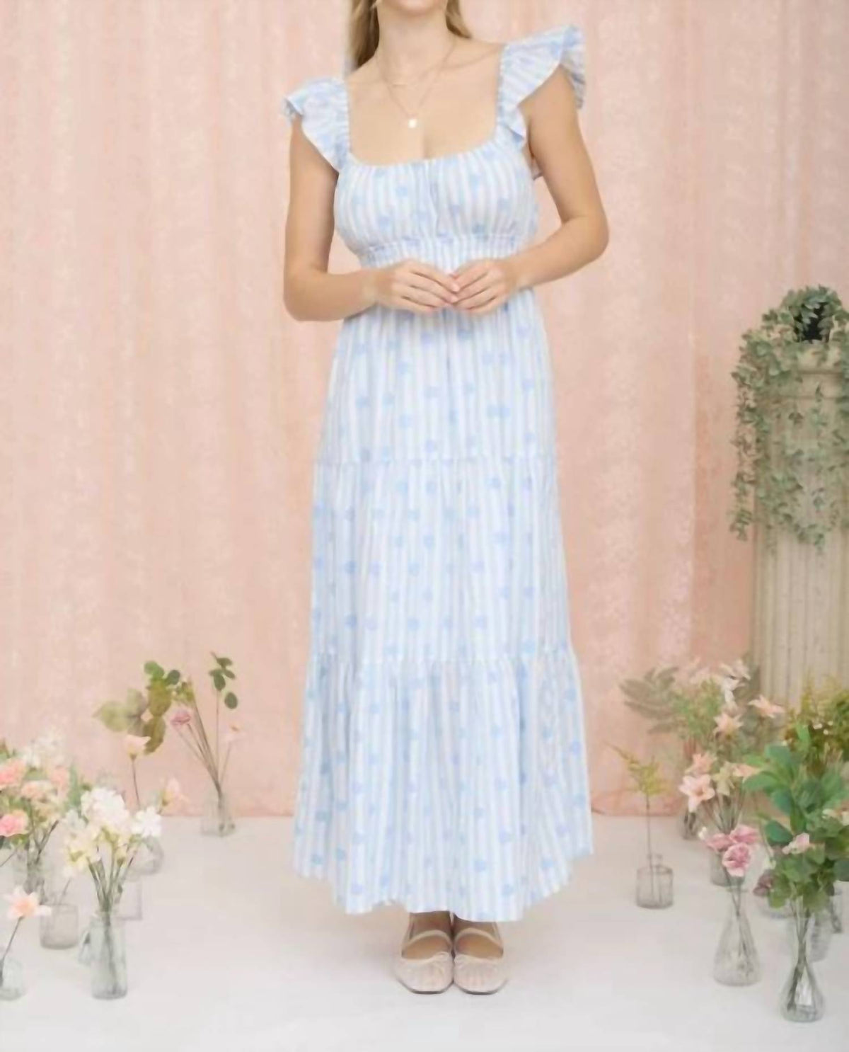 Stripe Floral Flounce Strap Tiered Midi Dress
