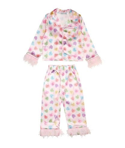 Girl's Sweetheart Feather Trim Silky Pajama Set