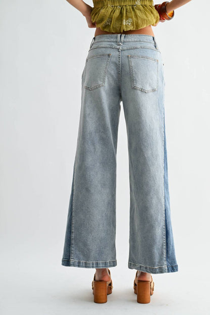 Wide-leg Two-tone High Waist Denim Jeans