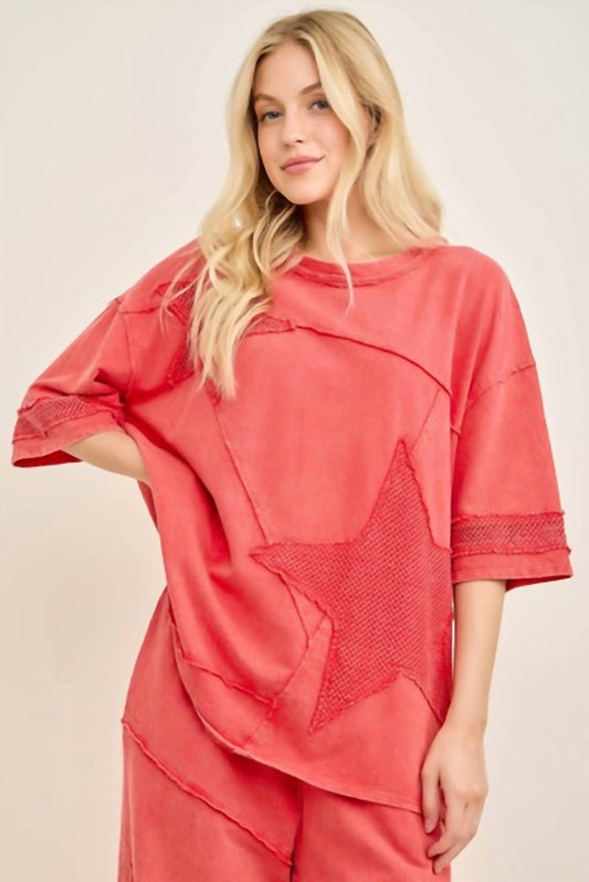 Mineral Washed Mesh Star Patched Top