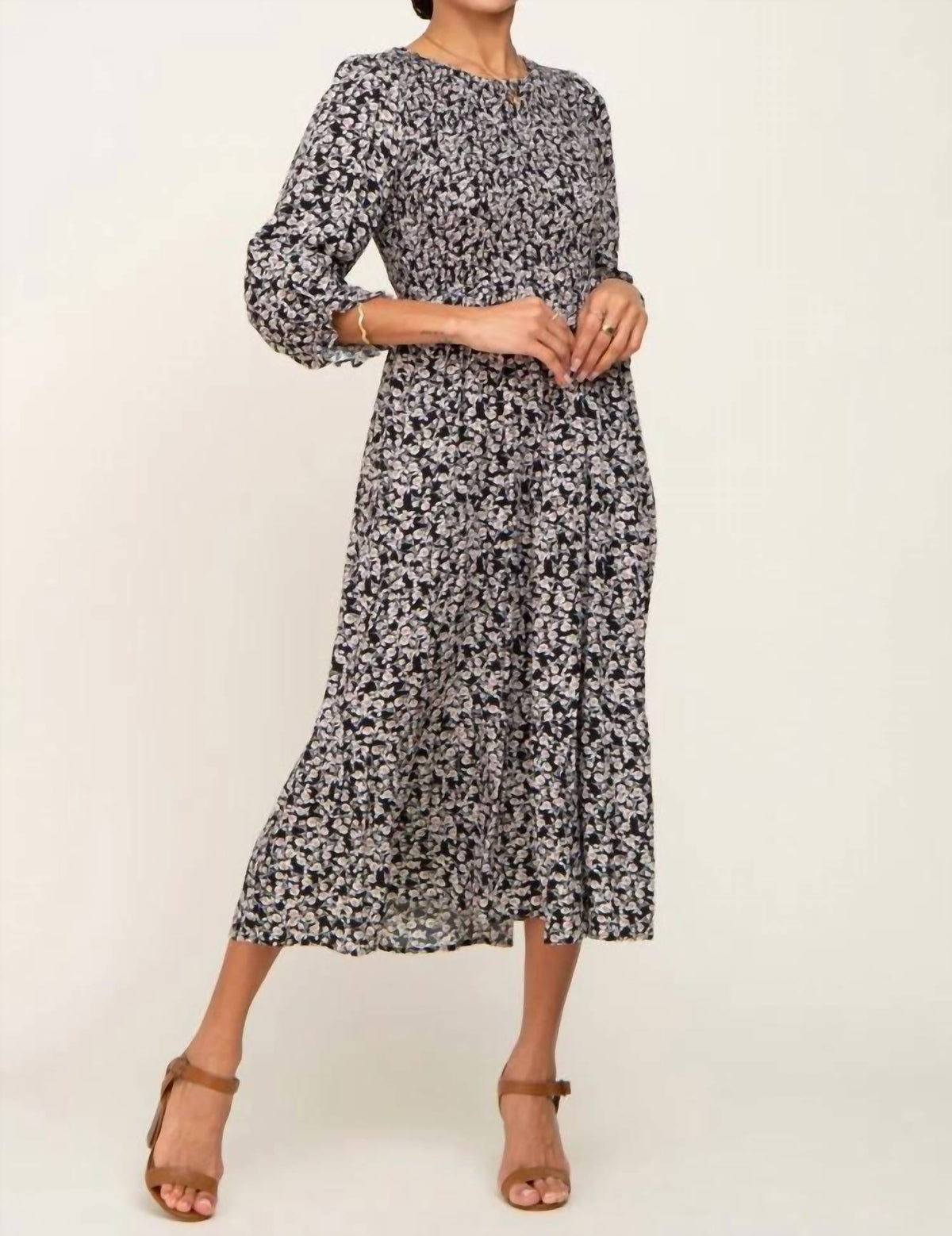 Vintage Floral Smocked Tiered Midi Dress with Pockets