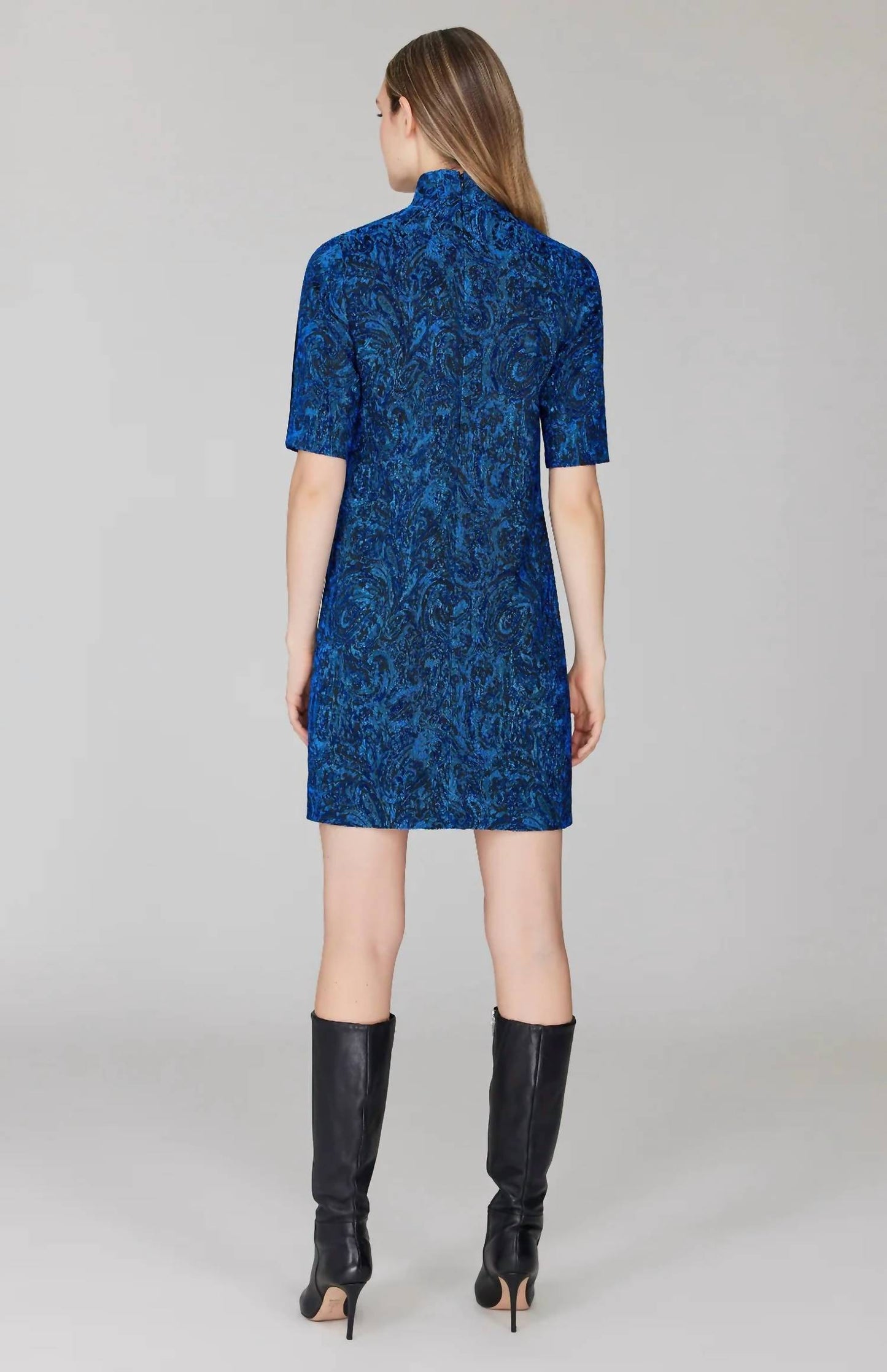 Paisley Stretch Jacquard Turtleneck Shift Dress